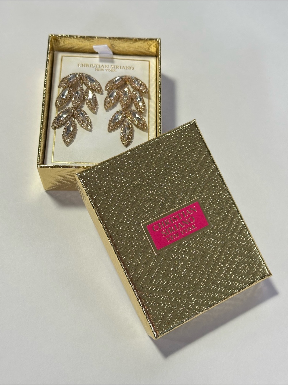 NWT Christian Siriano NY Gold Tone Marquis Cut Crystals Chandelier Leaf Earrings